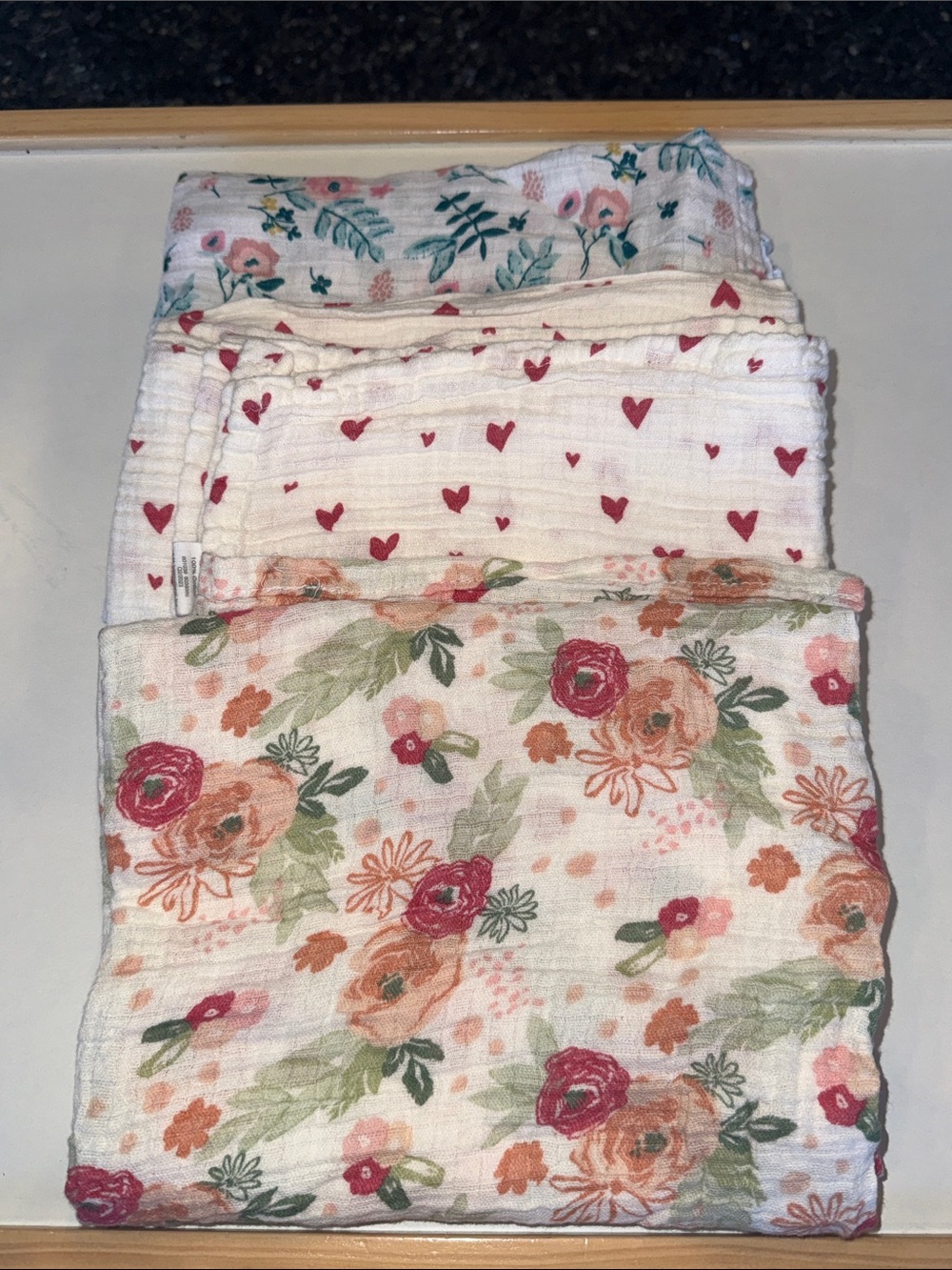 Set of 3 Floral & Heart Muslin Swaddle Blanket Set - White with Pink and Green